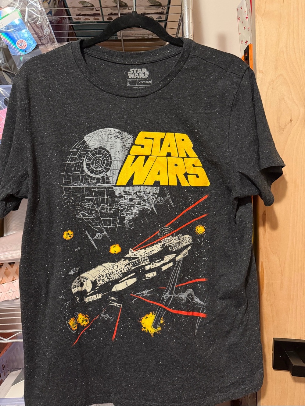 Star Wars Mens Tee in Charcoal with Yellow Logo and Red Accents